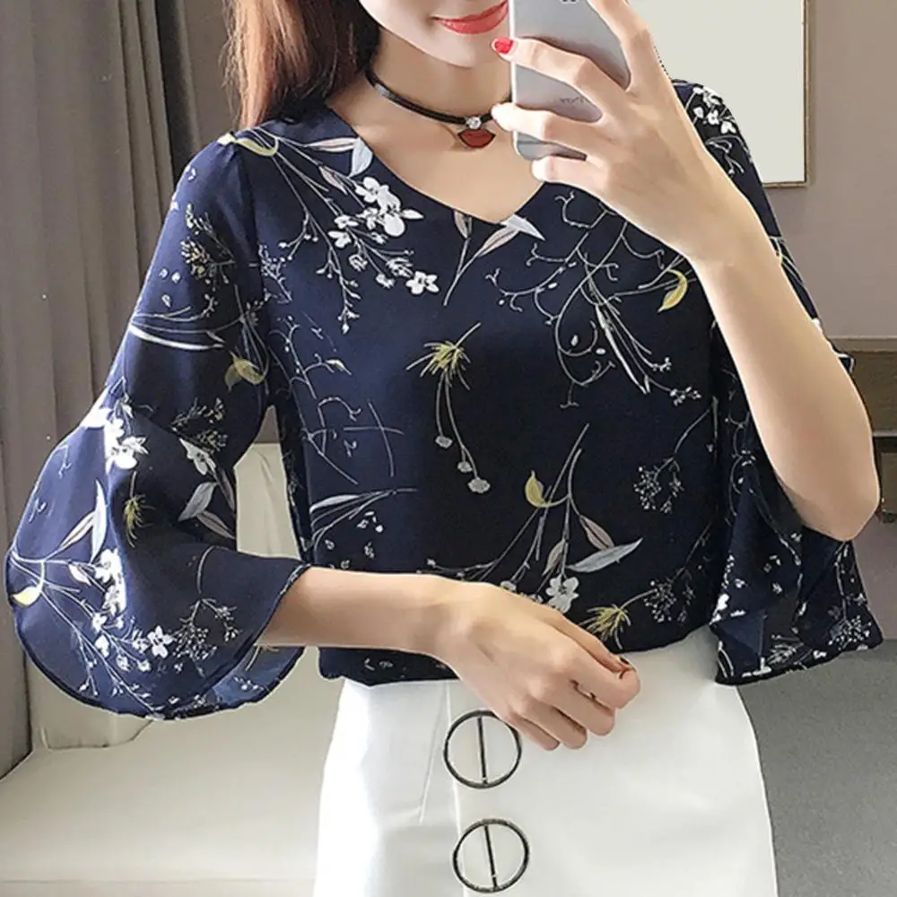 

Women's summer blouses 2021 plus size tops V neck ruffles print chiffon blouse women short sleeve shirts ladies tops