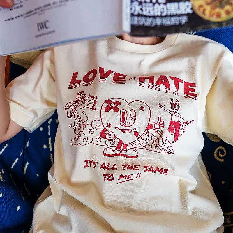 

Love Angel Hate Devil Funny Graphic Print Unisex White Loose T shirts Short Sleeve Cotton High Quality Vintage Ins Fashion Tees