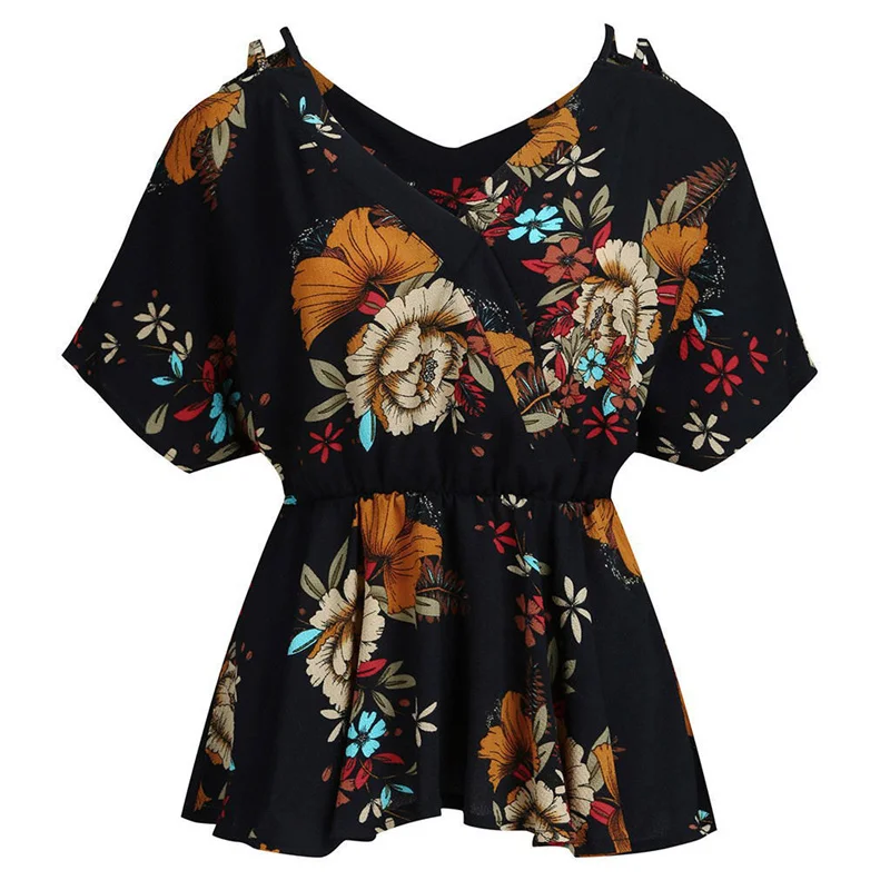 

New Chiffon T-Shirt Women 2021 Summer Europe And America Plus Size Black Printing V-Neck Flared Sleeves Temperament Tops GH140