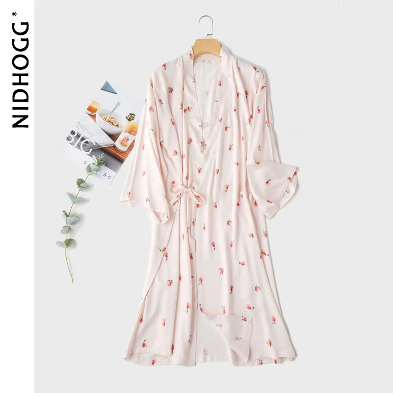 

Summer Thin Satin Robes Trumpet Sleeves Printed Kimono Skirt Viscose Night Gown Ladies Sleepwear Home Bathrobe Loose Sleep Tops