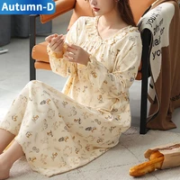 autumn night dress women sleepwear cotton nightgowns long sleeve home clothes large size nightie femal nightdress printed pajama