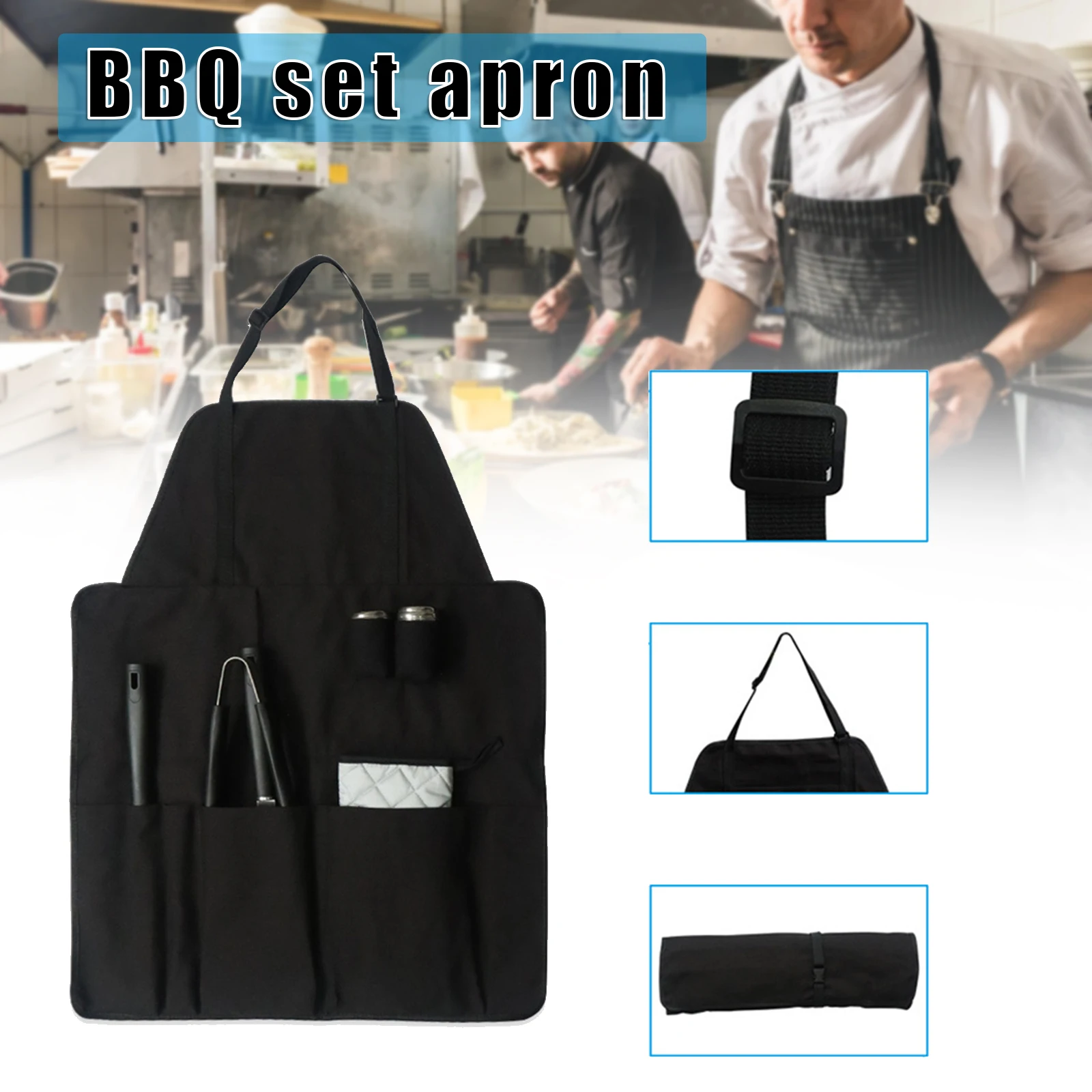 

7pcs/Set Barbecue Apron Set Gloves Cutter Fork Shovel Seasoning Jar Canvas Tool Pockets Adjustable for Barbecue PR Sale