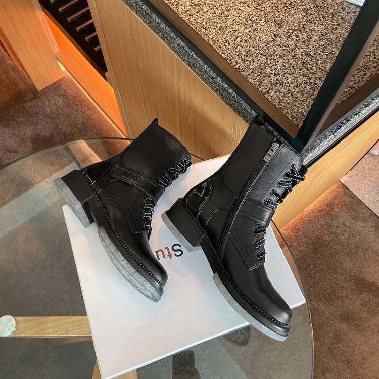 

MLJUESE 2021 women ankle boots soft Cow leather winter short plush lace up round toe high heels equestrian boots party dress