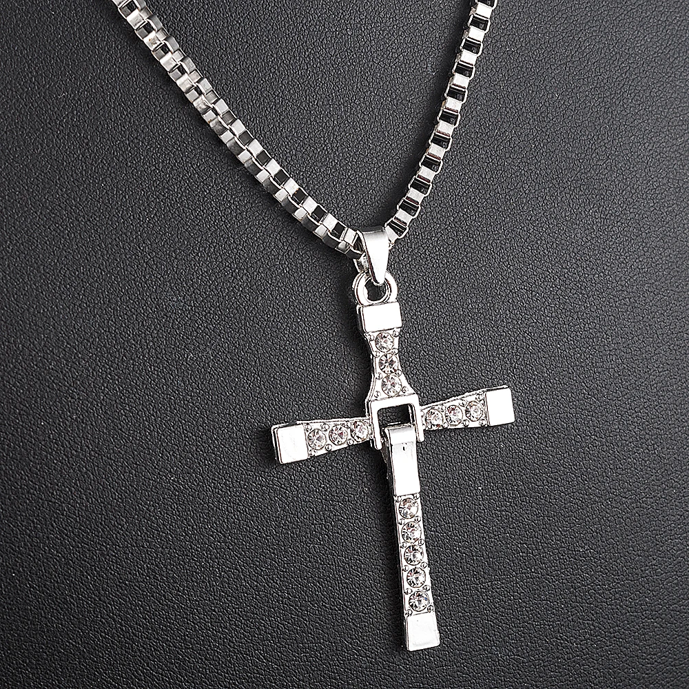 Fast and Furious Movies Actor Dominic Toretto Rhinestone Cross Crystal Pendant Chain Necklace Men Jewelry 2