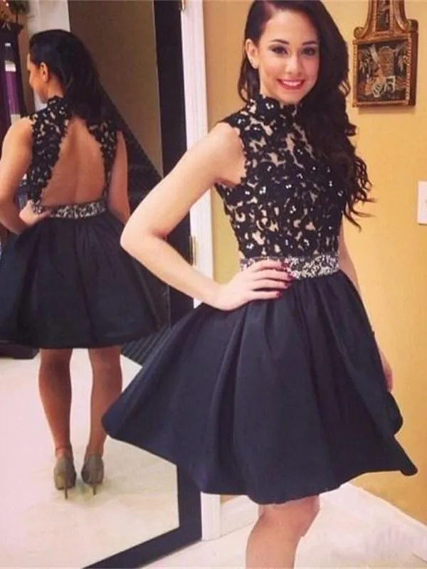 

Black Homecoming Dresses A-line High Collar Knee Length Satin Appliques Beaded Backless Elegant Cocktail Dresses