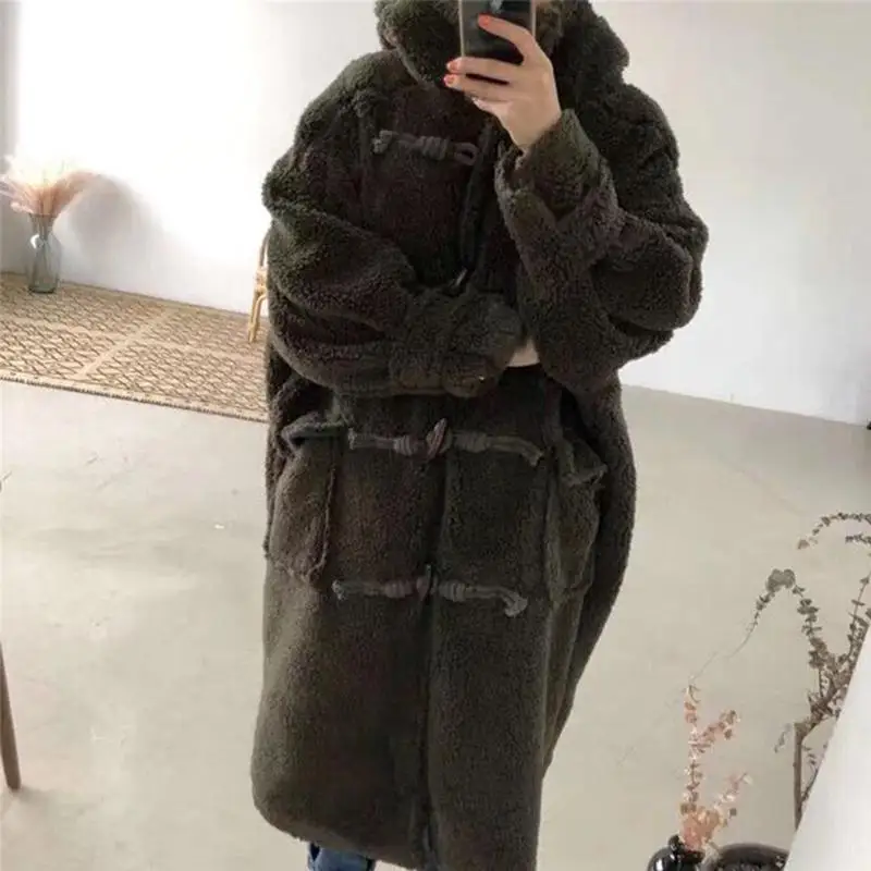 Getвесеннее женское меховое пальто с капюшоном, утолщенные зимние меховые шубы, Женская кофейная модная винтажная зимняя куртка, теплая парка, Новинка - Цвет: Dark green