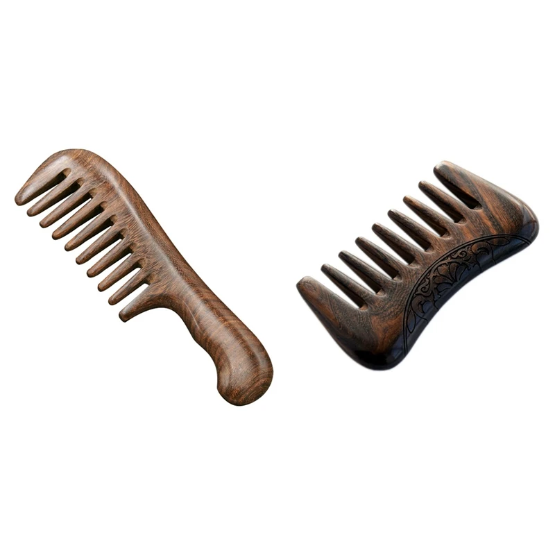 

2PCS Sandalwood Wide Tooth Comb with Hand-Carved Flower Natural Sandalwood Hair Comb