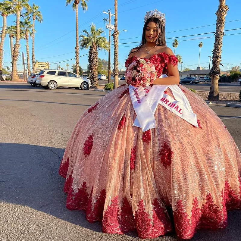 

Sparking Burgundy Quinceanera Dresses Off the Shoulder 3D Flower Sequine Qunices Party Gown Sweet 15 Skirtswn Quinceanera gowns