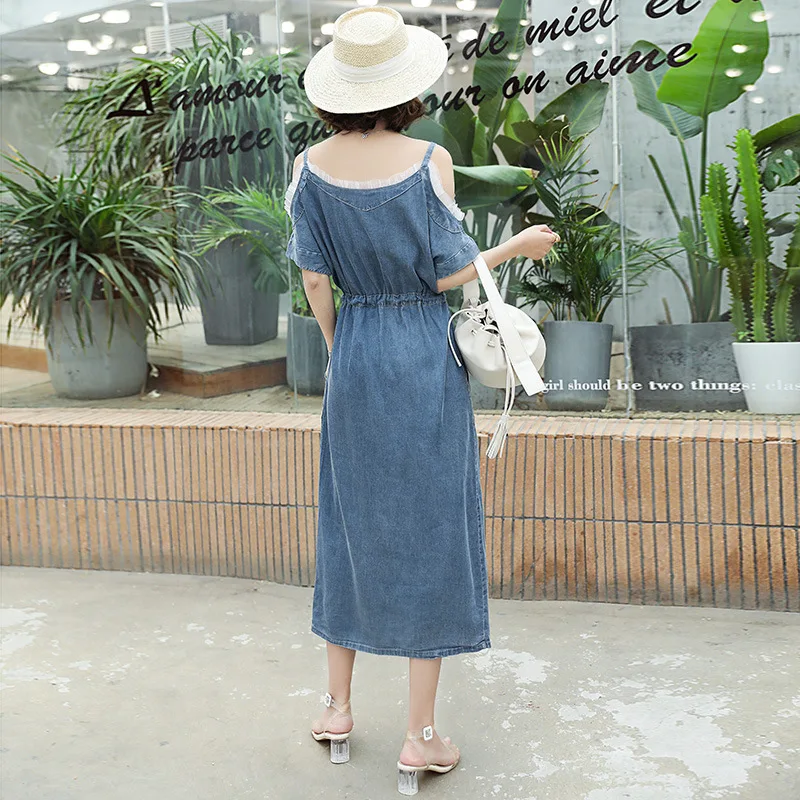 

Summer Staghetti Strap Sling Denim Dress Women Mid-Length High Waist Off Shoulder Lace Stitching Strapless A-line Vestidos Y010