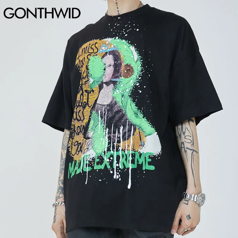 GONTHWID Oversized Tees Shirts Creative Graffiti Mona Lisa Print Tshirts Hipster Streetwear Hip Hop Harajuku Casual T-Shirt Tops