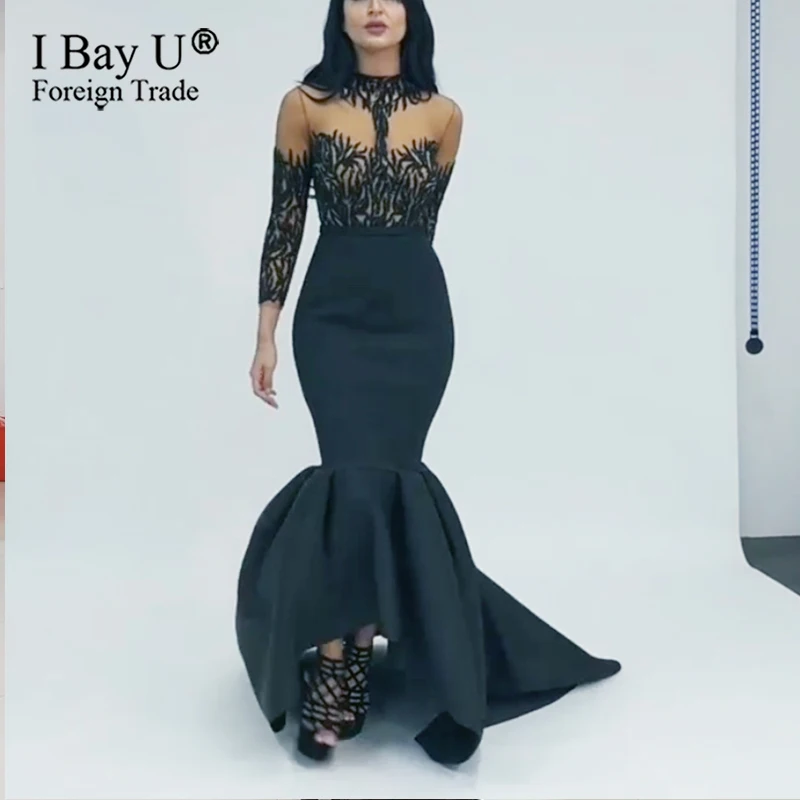 Черное сексуальное вечернее платье ручной работы с кристаллами и длинным