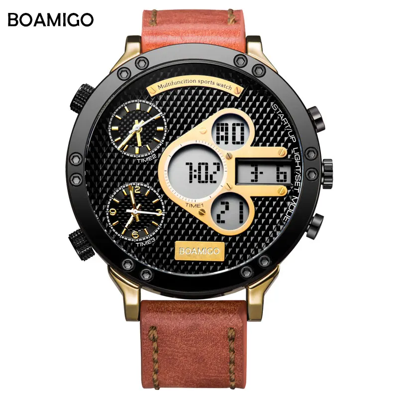 brown BOAMIGO мужские военные часы мужские спортивные часы мужские кварцевые светодиодный цифровой аналоговый 3 Часы мужские коричневые синие наручные часы водонепроницаемые - Цвет: brown