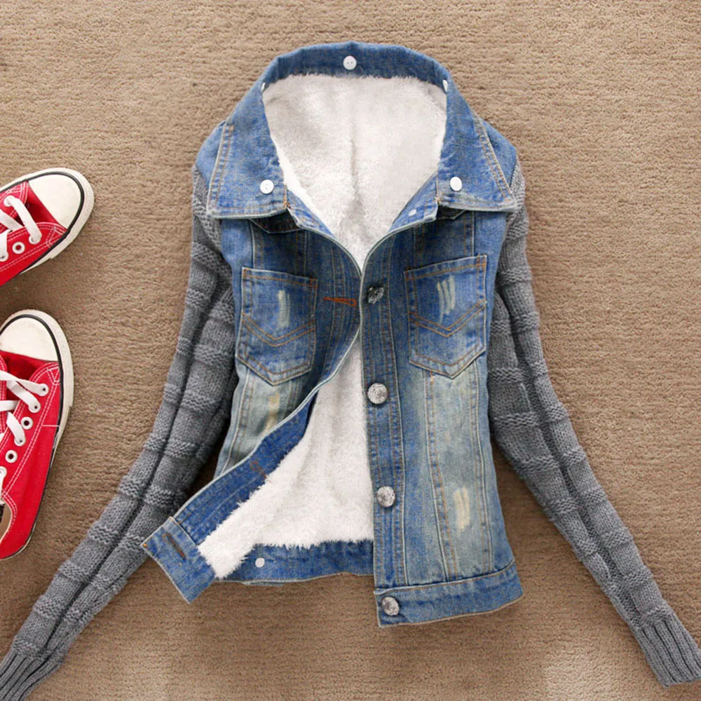 Женская зимняя джинсовая куртка модная флисовая подкладка пальто с меховым