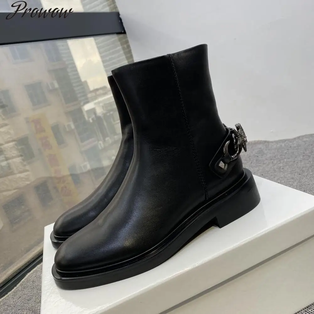 

Prowow Leather Ankle Boots Martin Boots Runway Low Heels Round Toe Combat Boots For Women botas de mujer Designer Shoes Women