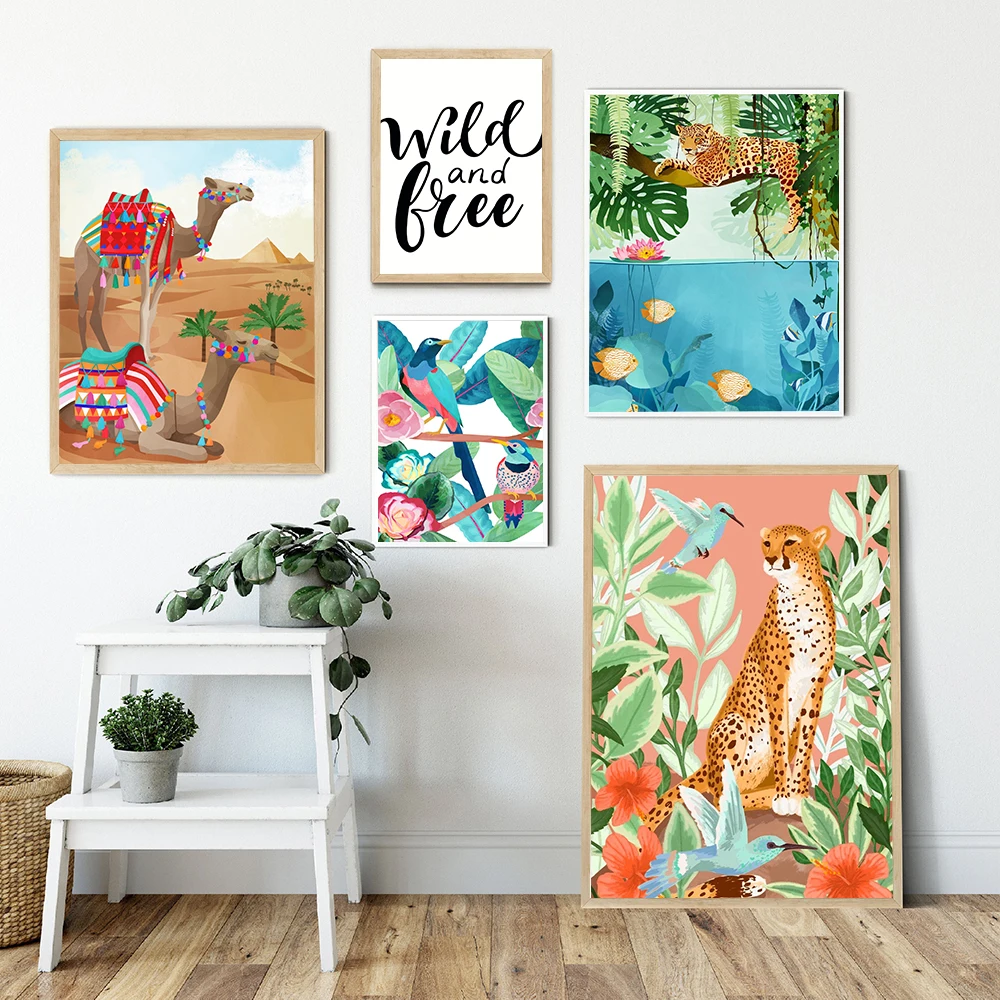 

Jungle Cheetah Leopard Bird Monstera Leaf Wall Art Canvas Painting Nordic Posters and Prints Wall Pictures for Living Room Decor