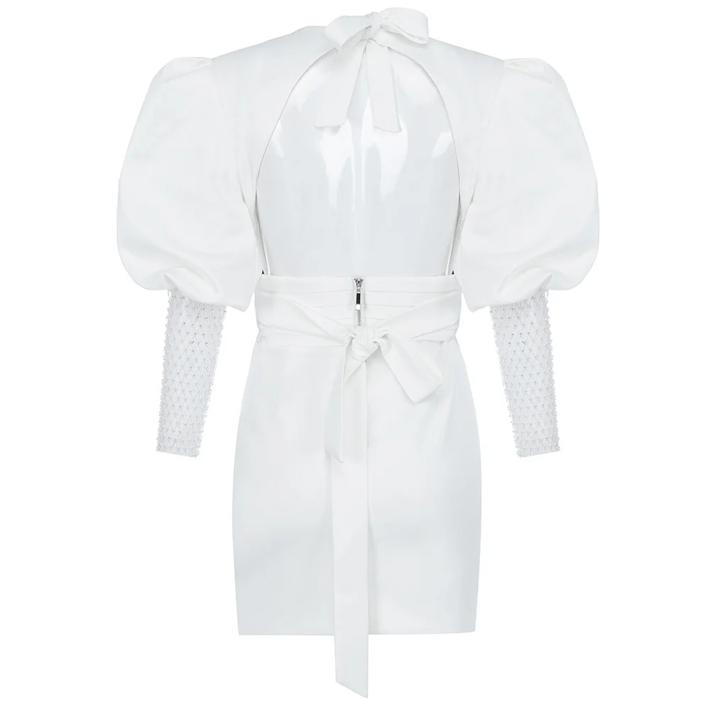 

Celebrity autumn and winter new fashion high waist white short skirt pure color temperament commuting backless lace up dress