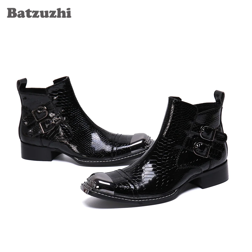 

Batzuzhi Luxury Black Leather Ankle Boots Fashion Men Boots Square Toe Metal Tip Business Leather Boots Bota Masculina, Size 46