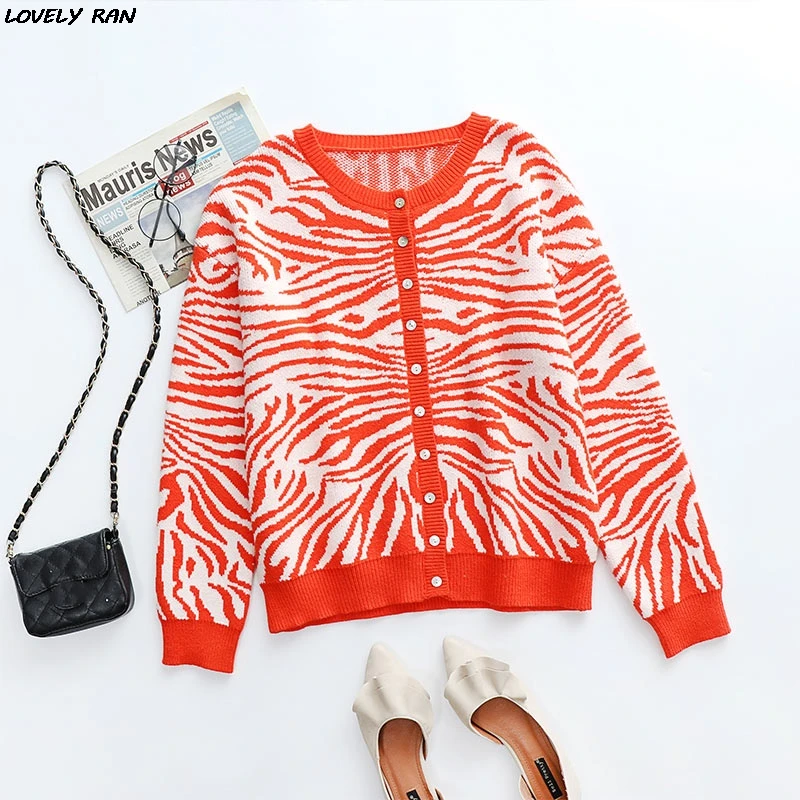 

Zebra Pattern Knitted Cardigan Striped Sweater Women Autumn Winter Orange Knitwear Fashion Sweet Tops New Ladies Casual Sweaters