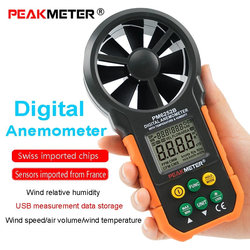 Цифровой анемометр PEAKMETER ручной измеритель скорости воздуха и влажности с