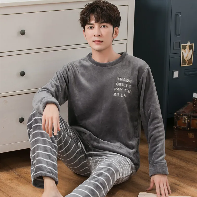 Осенняя и зимняя Коралловая ворсовая Пижама мужской костюм с длинными рукавами