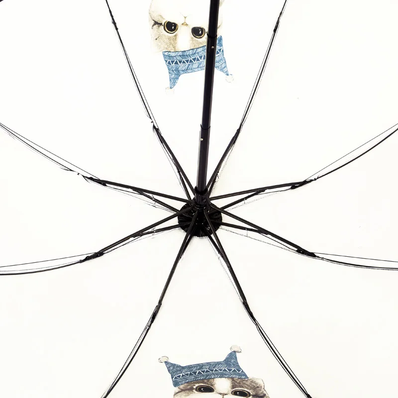 Черный зонт с рисунком кота и клеем женский от солнца УФ-защитой складывается в