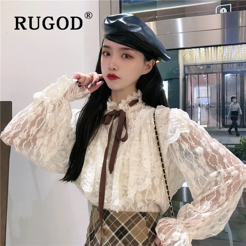 RUGOD Весенняя элегантная кружевная блузка женские блузки с длинным рукавом