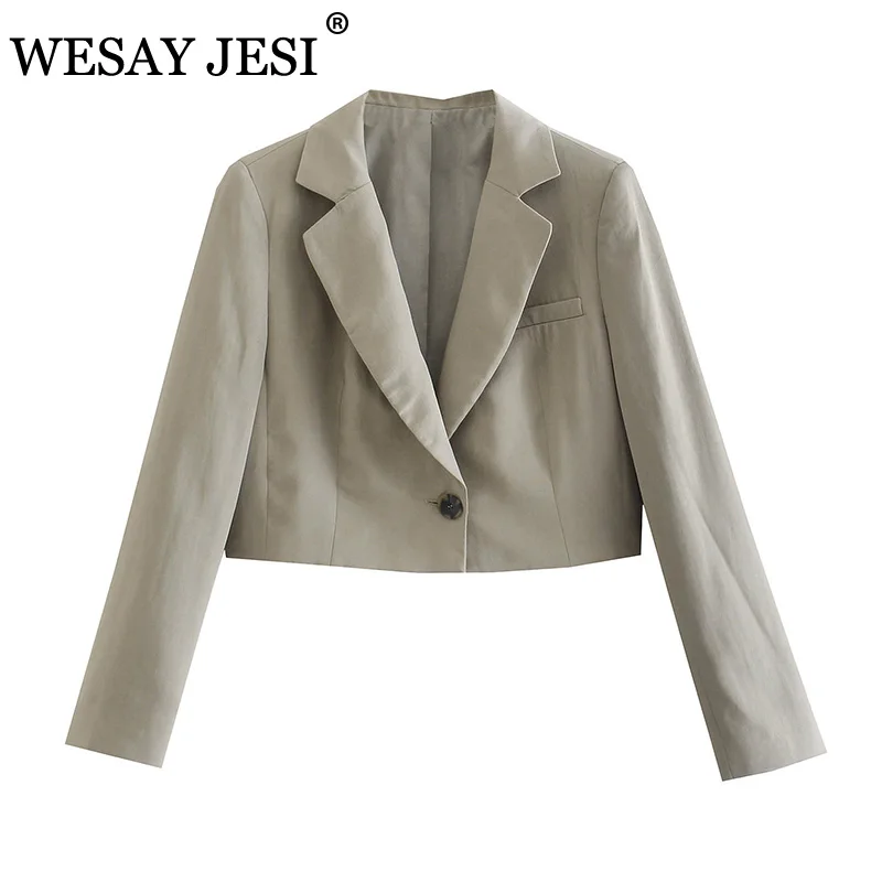 

WESAY JESI ZA Women 2021 Commute Beige Linen Cropped Blazer Elegant Office Business Suit Jacket Single Button Ladies Short Coat