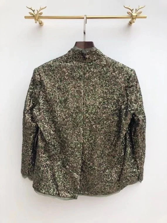 

Khaki Black Sequined Jacket Mandarin Collar Short Coat 3/4 Sleeves Fashion Top 2021SS women clothing