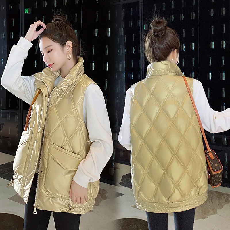 

Beardon Women's Winter Solid Vest Short Stand Collar Glossy Style Thick Female Sleeveless Pockets Down cotton Vest Jacket