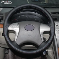 shining wheat hand stitched black genuine leather car steering wheel cover for toyota highlander 2009 2014 camry 2007 2011