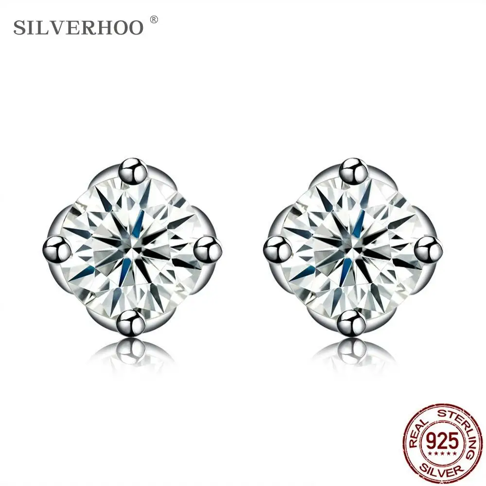 

SILVERHOO S925 Sterling Silver Earrings For Women Flower Shape 5A Cubic Zirconia CZ Stud Earring Shining Clearly Fine Jewelry