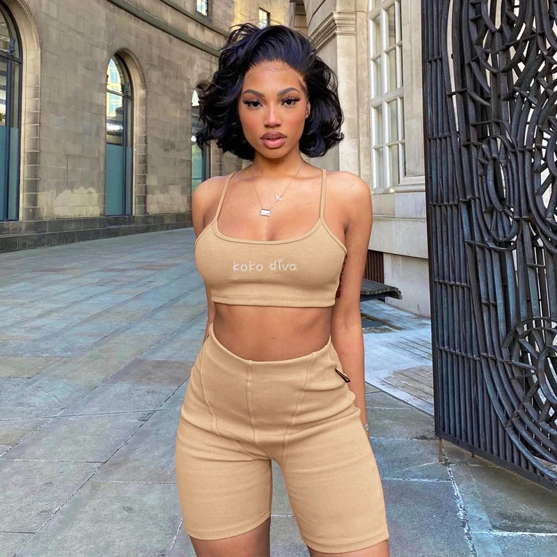

Ribbed Knitted Women 2 Piece Set Embroidery Letter Strap Camis Biker Shorts Sporty Tracksuit 2021 Summer Outfit Fitness