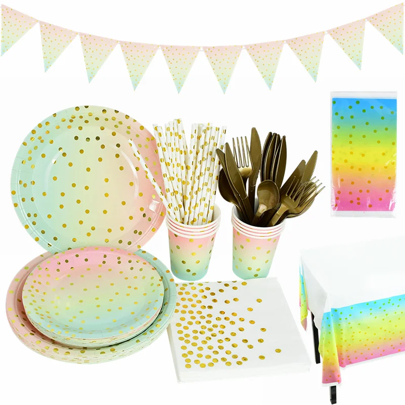 В горох радужной расцветки для одноразовой посуды в Золотой горошек бумажные