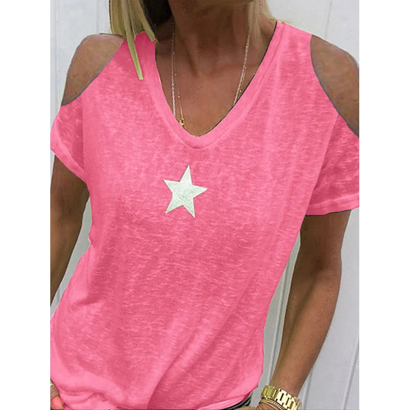 

New Women Wish Popular Five Pointed Star Print Loose Casual Off Shoulder Short Sleeve T Shirt For Women Camiseta De Manga Corta