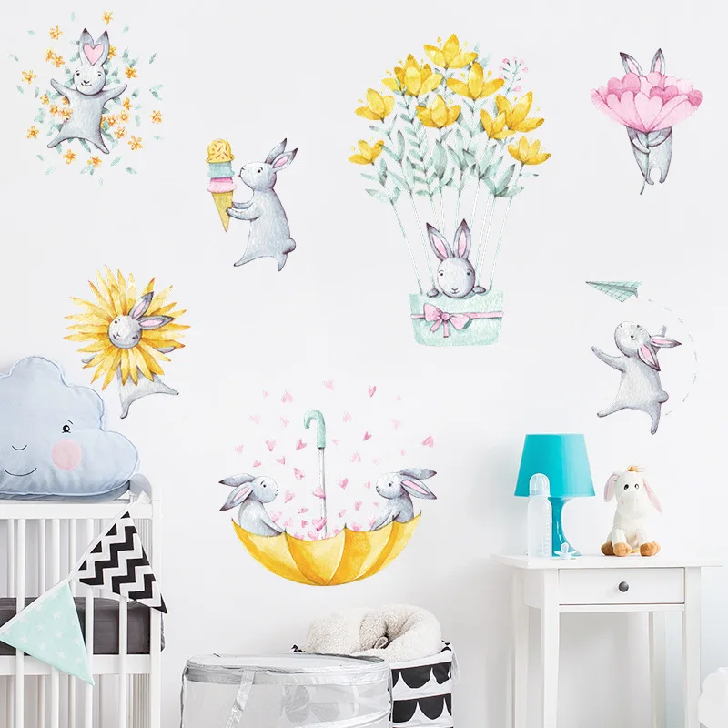 

Cartoon Flower Rabbit Wall Stickers for Kids room Girls Baby Room Decoration Nursery Wall Decoration Home Decor DIY Bunny Decals