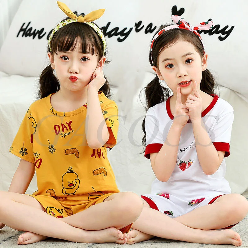 

Summer Baby Kids Pajamas Sets Cotton Girls Sleepwear Suit Toddler Girls Pajamas Shrot Sleeved Tops+pants 2pcs Cartoon Nightwear