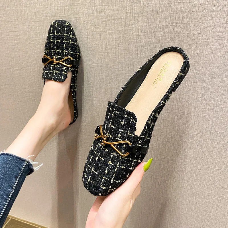 

Mules Women Shoes Low Heels Slippers Metal Decoration Square Toe Slides Plus Size Sandal Woven Fabric Shallow Loafers Casual