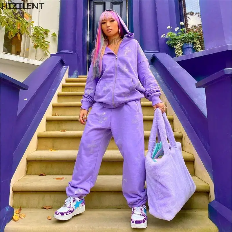 Y2K Стразы толстовки большого размера с перекрестной молнией E-girl винтажные