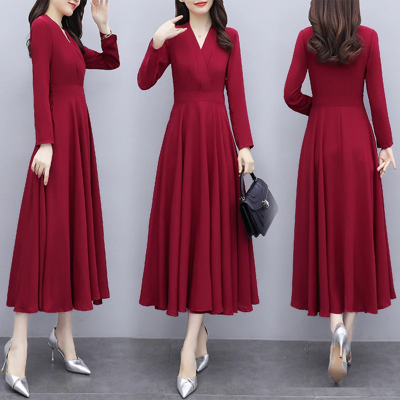 TingYiLi элегантное женское платье с v образным воротом Платье макси длинным рукавом