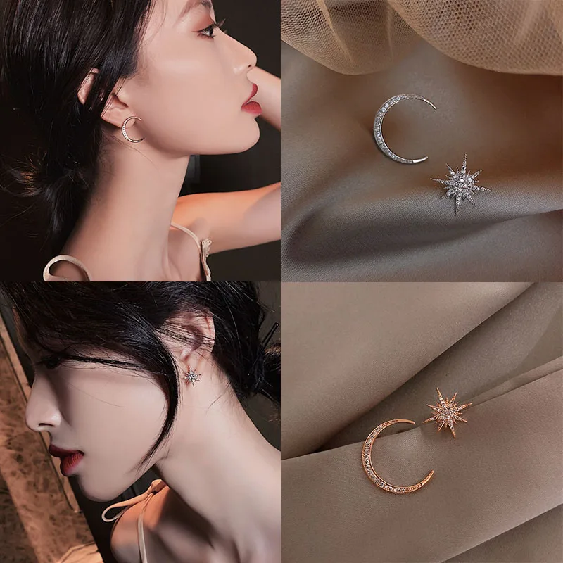 

925 Sterling Silver Fashion Moon Star Asymmetric Hoop Earring Crystal Micro Inlaid Zircon Earring Jewelry For Women Party