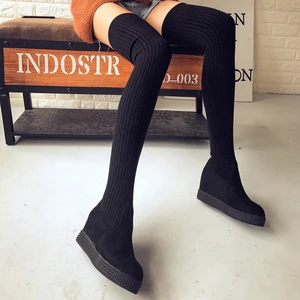 Женские длинные сапоги, вязаные шерстяные модные женские сапоги до бедра на скрытом каблуке, Осень-зима 2021, женские высокие сапоги, зимняя обувь