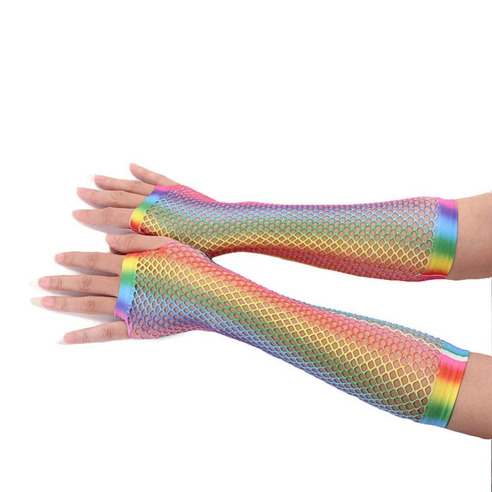 

1Pair Fashion Party Half Finger Short Long Net Gloves Rainbow Color Fishing Net Gloves For Women Sexy Gloves