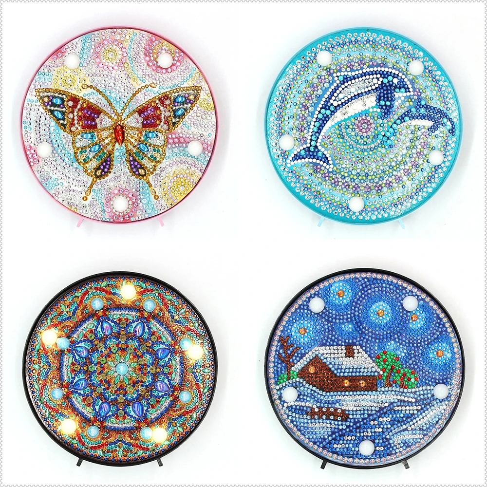 

PDMDOG Hot Sale Round Circle Animal Mandala Landscape Diy Diamond Painting Led Light Lamp On The Table Round Shinny Beads