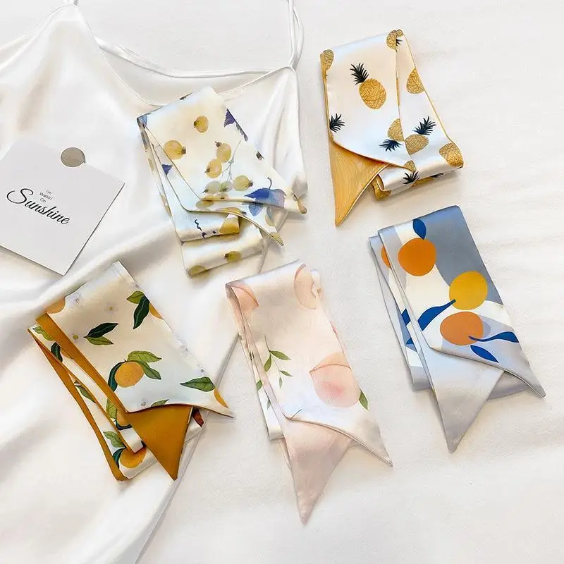 

2021 Fashion Long Skinny Hair Scarf For Women Fashion Fruit Print Kerchief Cute Headband Silk Satin Neck Scarfs Band Bag Scarves