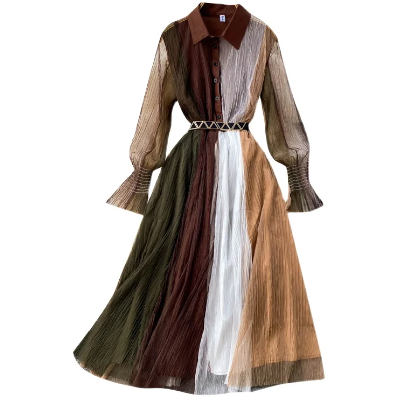 

Women Design Splice Mesh Dress Retro Turn-down Collar Puff Sleeve Button A-line Dress Autumn Fashion Streetwear Dress