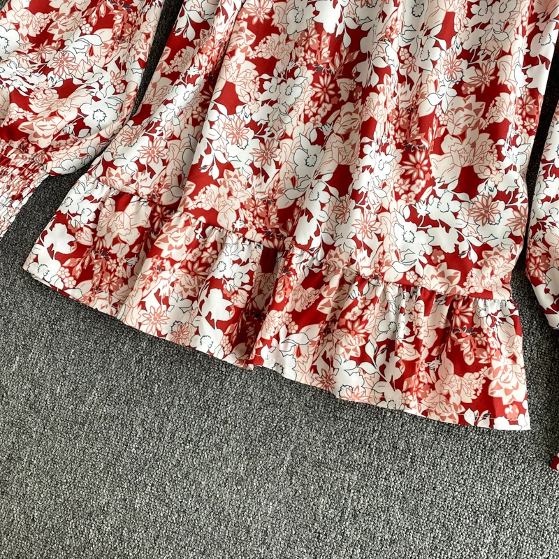 

Chiffon shirt 2021 new spring summer women's blouse korean style floral print ruffles long sleeve pleated loose blouse sweet top