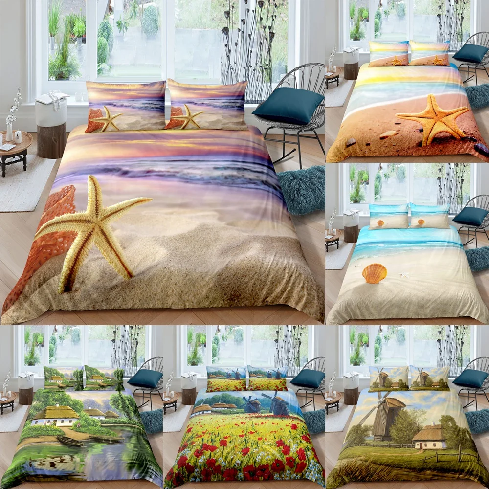 

Seascape Beach Starfish Shell Bedding Set Pastoral Cottage Scenery Duvet Cover Comforter Pillow Case Sets Kids Adult Gift Nordic
