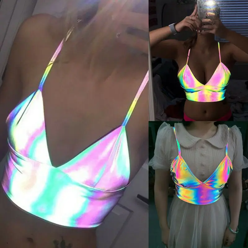 Женские пикантные Красочные Светоотражающие укороченные топы с V-образным