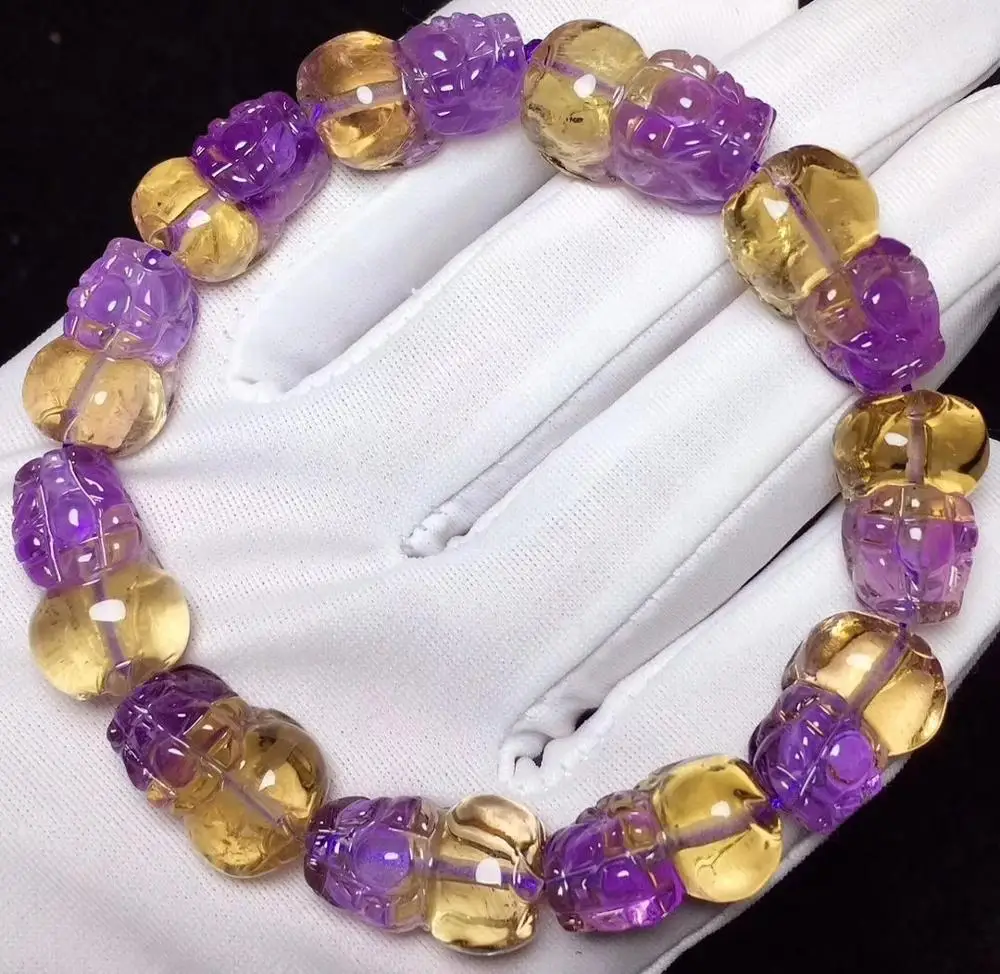 Billig Natürlichen Ametrin Quarz Gelb Lila Armband Klar Männer Frauen Pi Xiu Perlen 19x11x10mm Stretch Kristall Echtes AAAAA
