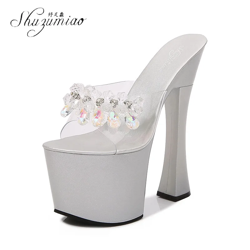 

SHUZUMIAO 2020 Design Crystal Pumps Wedding Women Shoes 17cm High Heels Bige Size 43 PVC Transparent Sexy Night Club Femme Shoes